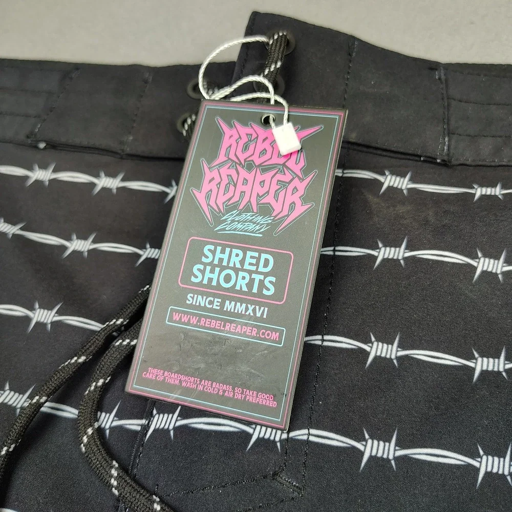 Rebel Reaper Board Shorts Swim Trunks Men 2XL Black Barb Wire Tattoo 8